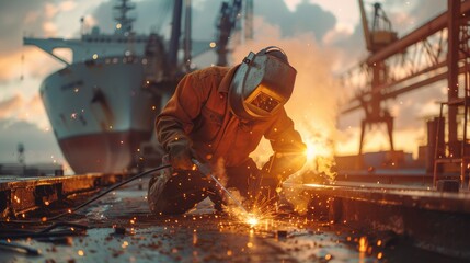 A Welder Working on a Ship in Front of a Large Cargo Ship With a Large Container Ship in the Background - Generative AI
