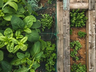 Fototapeta premium Protecting Your Garden: Building a Wooden Raised Bed with Wire Mesh Top View