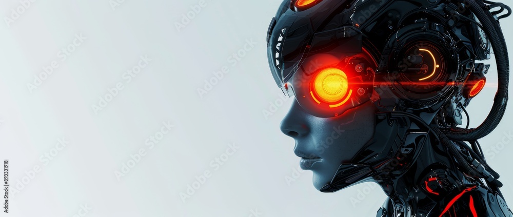 Poster an of a cyborg woman chatbot with a humanoid face. there is a round icon of the face of the ai in th