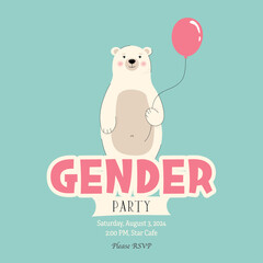 Gender party invitation with cute bear and balloon