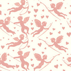 Pink cupids flying and aiming with bow and arrow seamless pattern