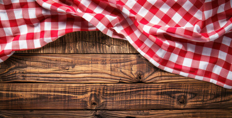 Red and white checkered tablecloth on a wooden background with space for text or design, top view of a picnic cloth over an old brown wood texture