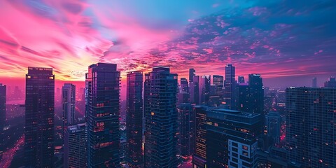 Obraz premium Dramatic Cityscape at Dusk with Colorful Sky and Towering Skyscrapers
