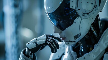Fototapeta premium A Close up of a Woman in a Robot Suit With Her Hand on Her Chin - Generative AI