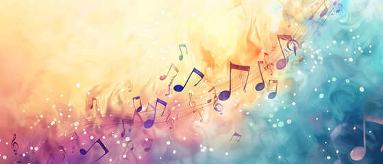 Abstract background with musical notes and colorful light.