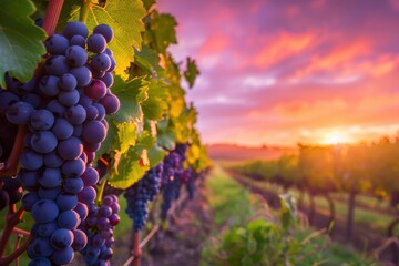Naklejka premium Closeup of a dark purple grapes hanging from lush green vines, with a colorful sunset sky in the background