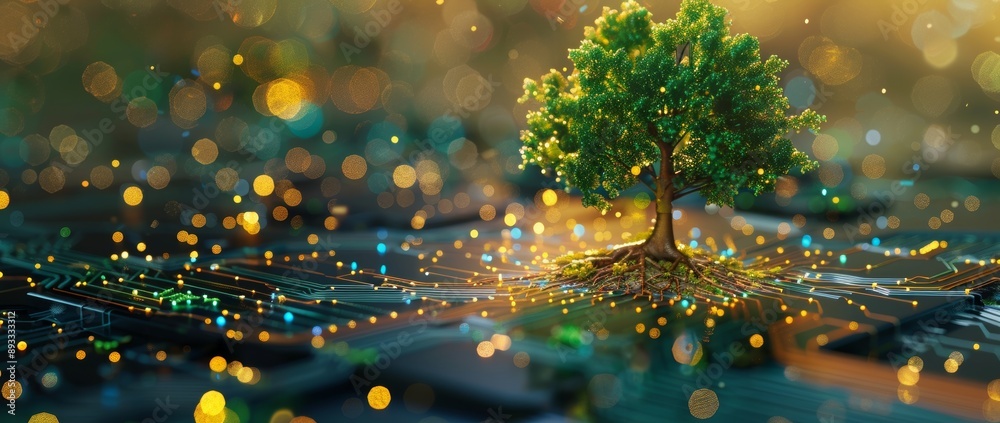 Poster Computer circuit board with a tree growing in the soil evokes green computing, green technology, and green IT concepts.