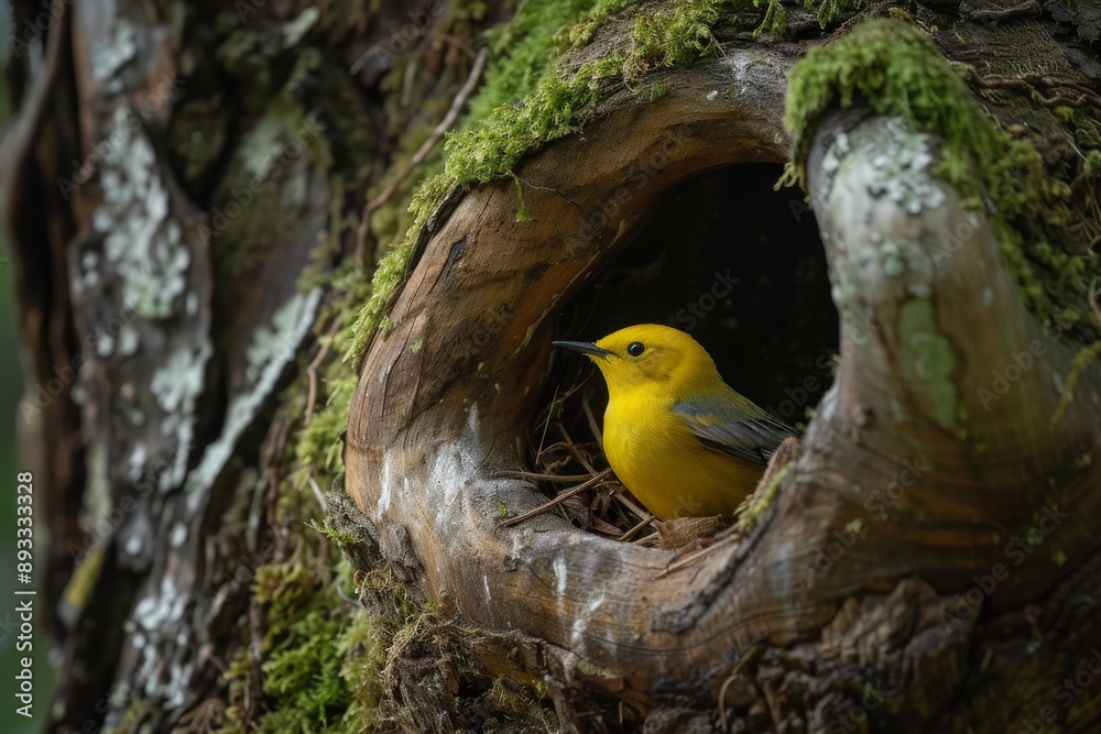 Sticker Prothonotary Warbler at nest cavity