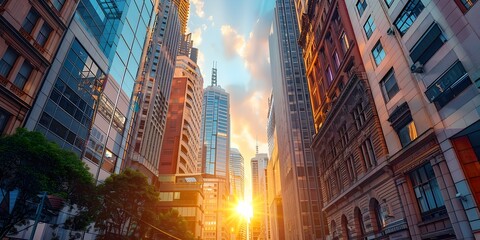Obraz premium Vibrant Urban Skyline at Sunset Showcasing Architectural Evolution and Progress