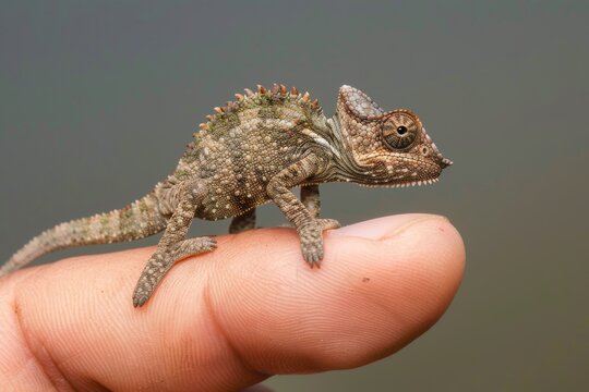 Pygmy stump-tailed chameleon, Brookesia minima, adult on man's index finger