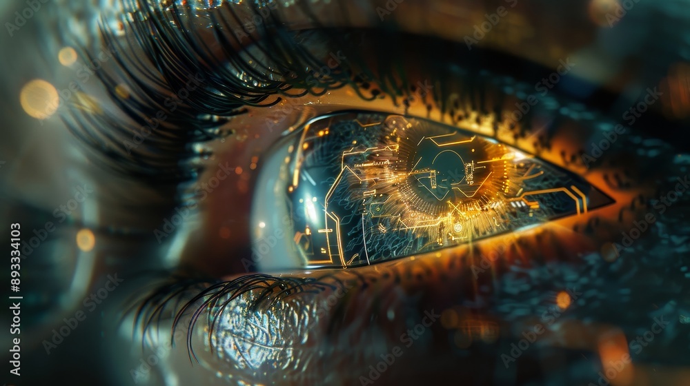 Poster abstract image depicting a young man's eye and technology, smart contact lens display, iris verifica