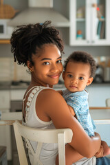 Relaxed African American Mother with Baby in Sunlit Kitchen, Natural Smile and Summer Lighting