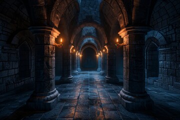 Fototapeta premium Ancient chambers leading to a secret sanctuary are shrouded in dim lighting, enhancing the sense of mystery and intrigue.