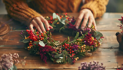 Florist making beautiful autumnal wreath with heather flowers at wooden table, closeup