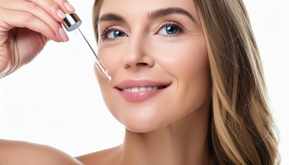 Fototapeta premium Beautiful Woman holding a Pipette with Skincare Serum - Applying Serum to her Face - Hyaluronic Acid, Anti Aging, Moisturiser, Repair, Hydrating, Vitamin, Ascorbic, Retinol, Exfoliant, Azelaic