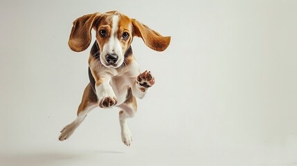 Happy Beagle dog posing energetically on white background representing love for animals and lively motion Ad space available
