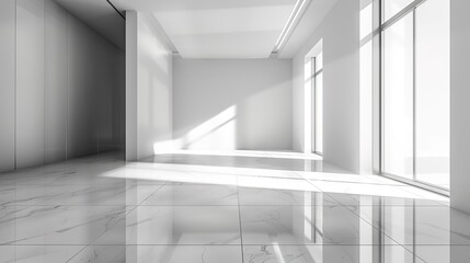 white empty space in room, ceramic tile floor in perspective, window and ceiling strip light. Interior home design look clean, bright, shiny surface