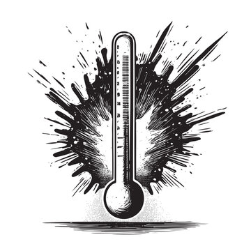 Vintage illustration of a thermometer exploding with mercury due to extreme heat, symbolizing rising summer temperatures.