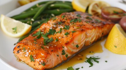 Delicious Salmon with Honey Mustard Glaze, Roasted Potatoes, and Green Beans