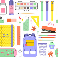 School and college supplies and stationary seamless pattern. Colorful stickers and doodles. Back to school concept. Vector background, wallpaper, digital paper.