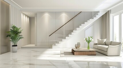 Modern interior design of a modern living room with a staircase and white wallswood floor 