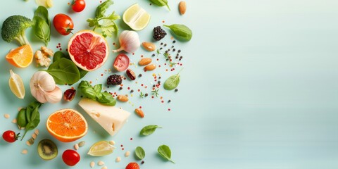 An array of vibrant and fresh ingredients, including vegetables, fruits, cheese, spices, and herbs, artistically arranged on a light blue background, showcasing natural beauty and variety.