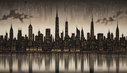Obraz premium Silhouette of a city skyline at night with a reflection in the water, creating a captivating, serene visual effect, Generative AI.