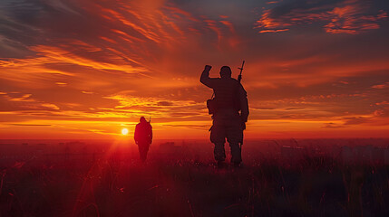 Field at sunset, soldiers silhouettes, a tribute to service and sacrifice. 