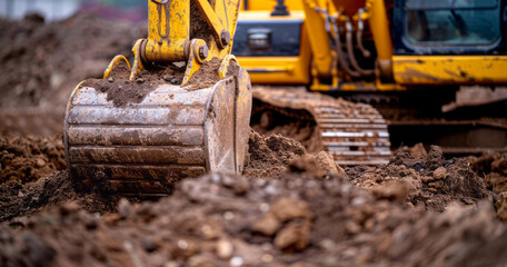 Fototapeta premium A yellow excavator digging into dirt, with an abstract photography style, brown color, and a close-up view.