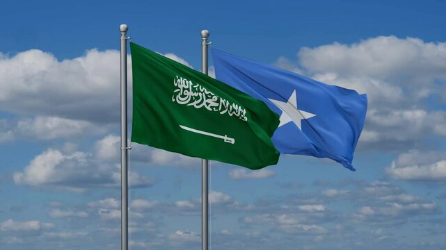 Somalia and Saudi Arabia flags flying together, video concept of the relationship, two country cooperation concept