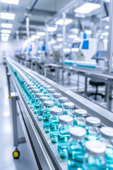 Fototapeta premium Medicine production factory, High-tech pharma factory with conveyor belts, labeling machines, cleanroom setting, controlled airflow.