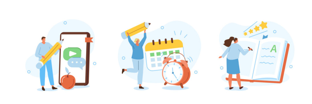 Education set. Students preparing to start a new academic year and studying various subjects with book and online on educational platform. Vector illustration.
