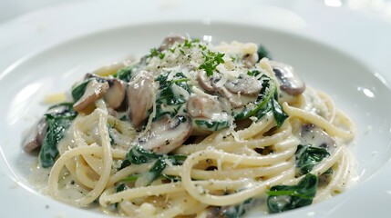Delicious creamy spinach and mushroom pasta on a white plate.


