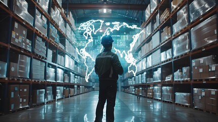 In the warehouse, a worker stands with a holographic map behind, highlighting global trade logistics and distribution
