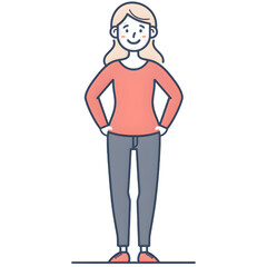 Fototapeta premium Cartoon woman smiling, full body standing, isolated on transparent background. Flat design, Solid color.