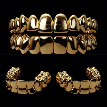 Cool gold shiny teeth grills on a black background