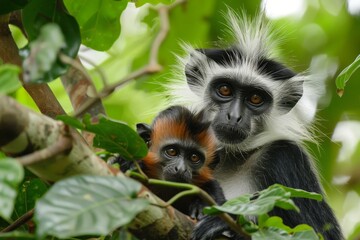 Zanzibar Red Colobus, Piliocolobus kirkii, female with infant