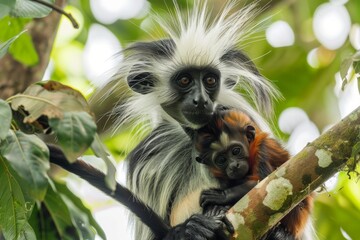Obraz premium Zanzibar Red Colobus, Piliocolobus kirkii, female with infant