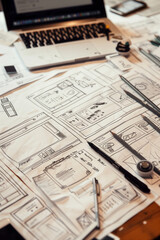 Design sketches and laptop on desk.