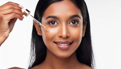 Obraz premium Beautiful Woman holding a Pipette with Skincare Serum - Applying Serum to her Face - Hyaluronic Acid, Anti Aging, Moisturiser, Repair, Hydrating, Vitamin, Ascorbic, Retinol, Exfoliant, Azelaic