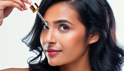 Obraz premium Beautiful Woman holding a Pipette with Skincare Serum - Applying Serum to her Face - Hyaluronic Acid, Anti Aging, Moisturiser, Repair, Hydrating, Vitamin, Ascorbic, Retinol, Exfoliant, Azelaic