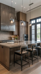 Fototapeta premium Modern kitchen with wooden cabinetry and island.