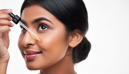 Obraz premium Beautiful Woman holding a Pipette with Skincare Serum - Applying Serum to her Face - Hyaluronic Acid, Anti Aging, Moisturiser, Repair, Hydrating, Vitamin, Ascorbic, Retinol, Exfoliant, Azelaic