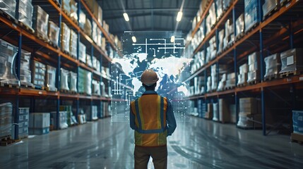 Warehouse worker in front of a hologram map, highlighting logistics, distribution, and strategic planning for global trade