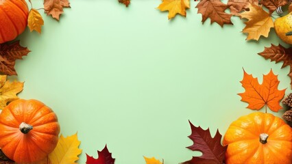Obraz premium Thanksgiving Day background, pumpkins, autumn leaves. Banner, wallpaper, poster, copy space for text.