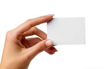Woman hand holding blank business card on white background