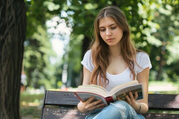 Beautiful young woman reading a book on a park bench