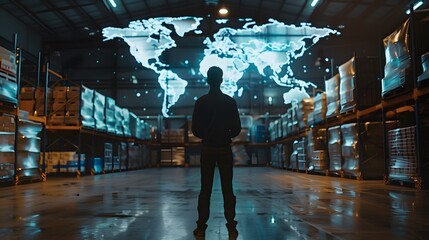worker in the warehouse stands with a holographic map showing global trade supply chain and logistics interactions