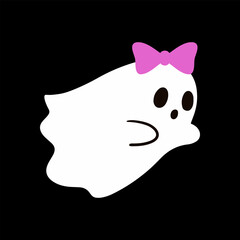 Cute ghost with a pink bow. Happy halloween funny scary character, spooky expression creature. Holiday print. Mystery creative vector clipart