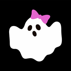 Cute ghost with a pink bow. Happy halloween funny scary character, spooky expression creature. Holiday print. Mystery creative vector clipart